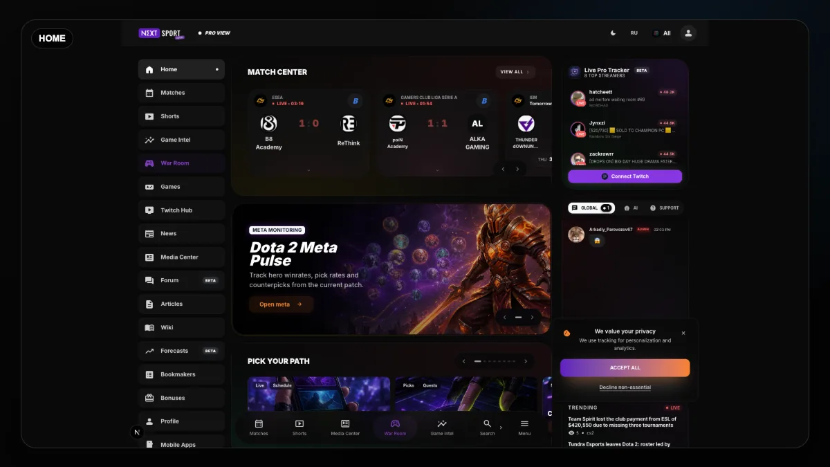 NextSport public home with live sports navigation, editorial modules, and product entry points