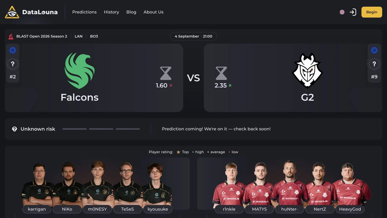 DataLouna public match detail showing teams, odds, risk state, player ratings, and match history