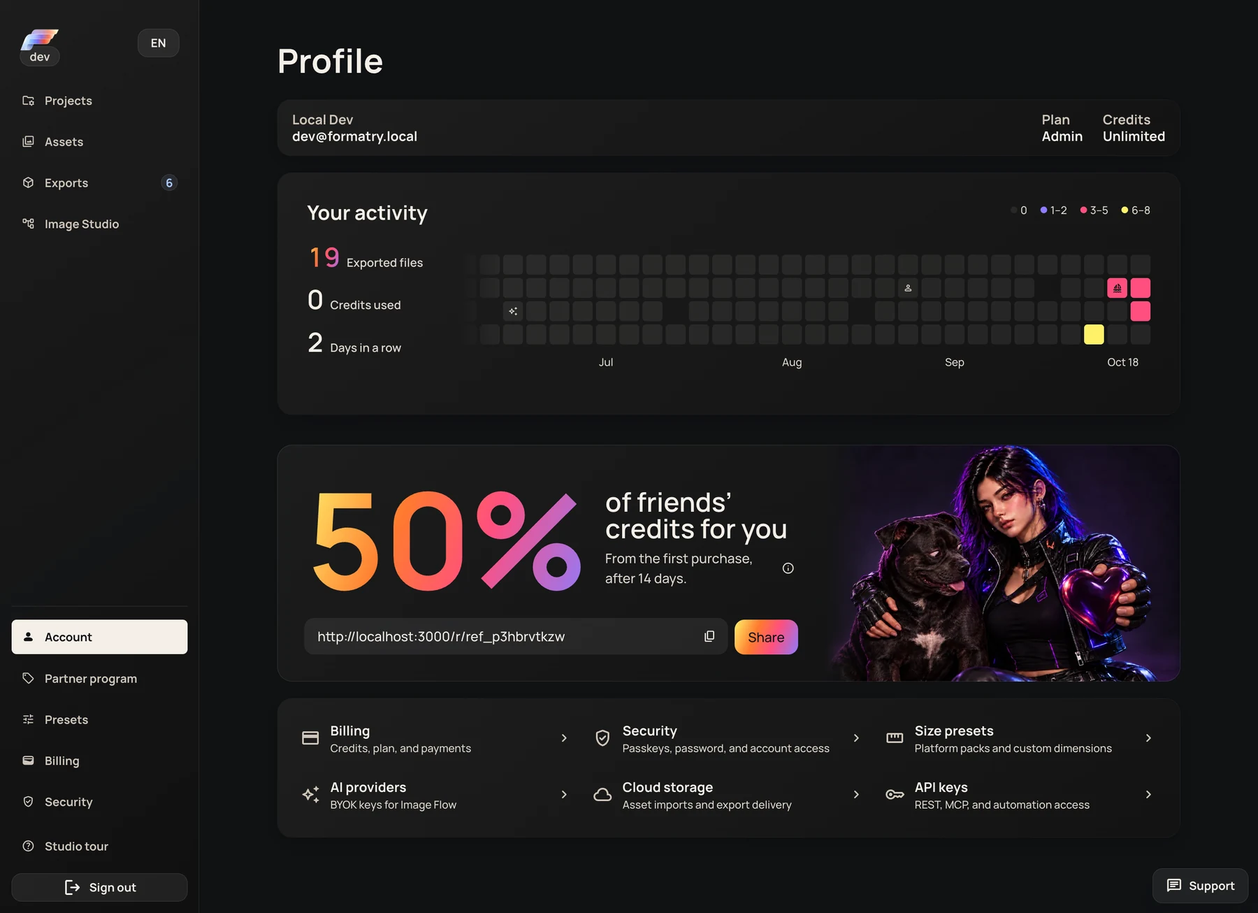 Formatry local development account screen with projects, assets, exports, activity, referral design, billing, security, presets, cloud storage and API keys