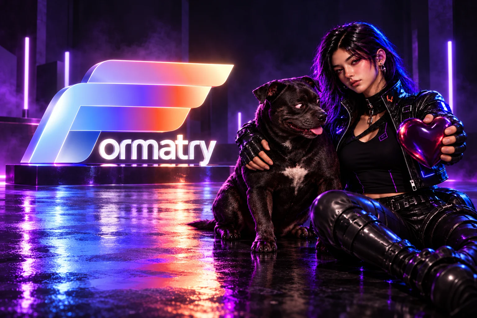 The Formatry gradient logo as a luminous installation beside Formatry Girl and her black dog