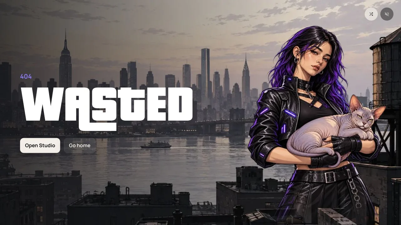 Formatry 404 page with WASTED lettering, a purple-haired character and sphynx cat against a city skyline