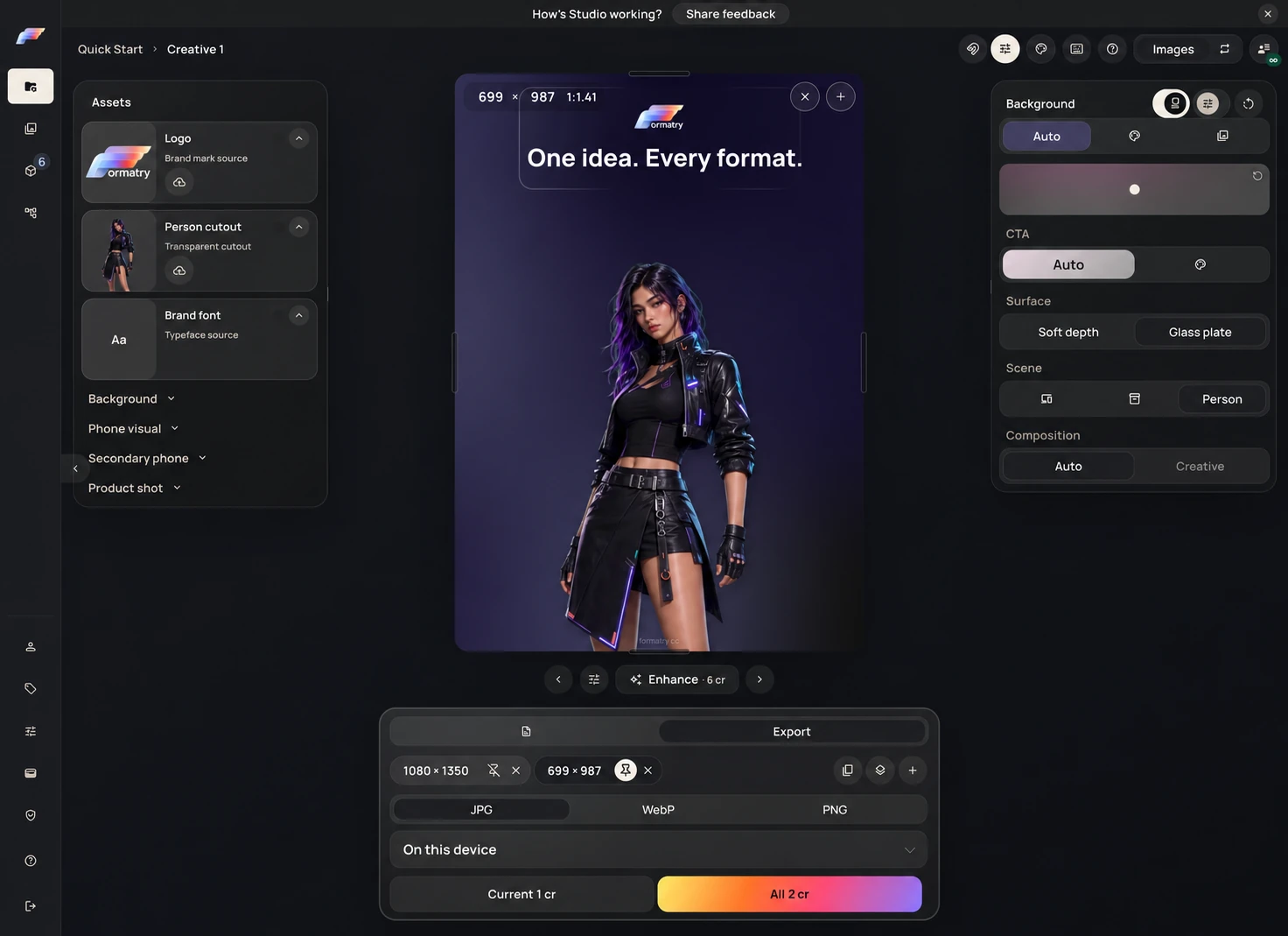 Formatry Studio editor with asset library, creative canvas, composition controls and export formats