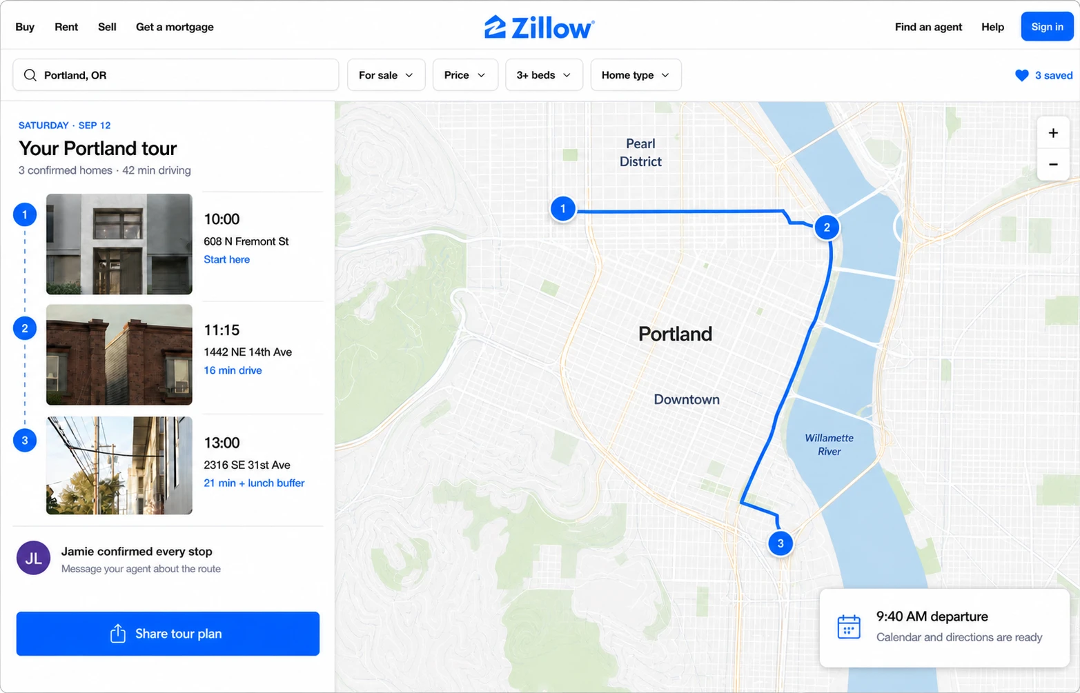Zillow-inspired Saturday tour plan with three scheduled homes, agent confirmation, and a Portland route map