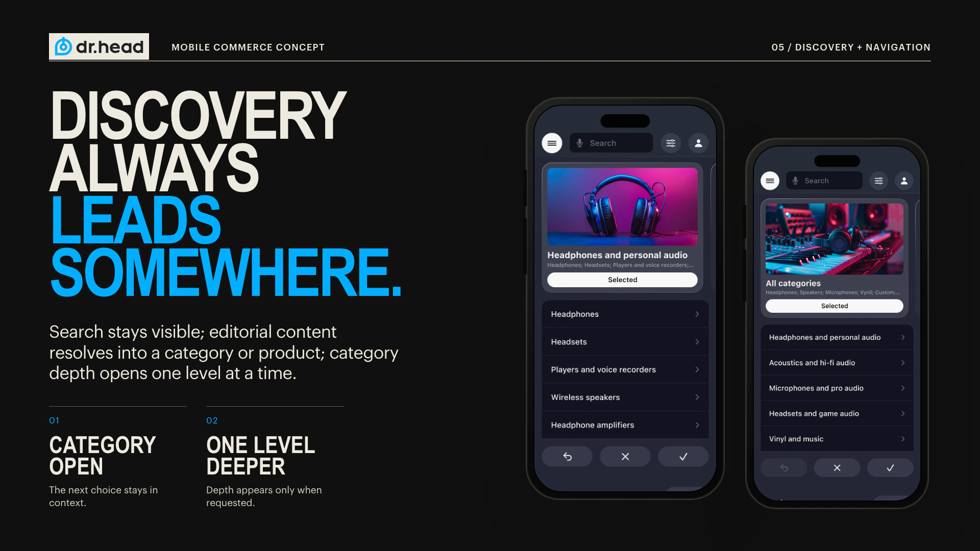 Dr.Head mobile screens showing category discovery and reversible one-level-deeper navigation