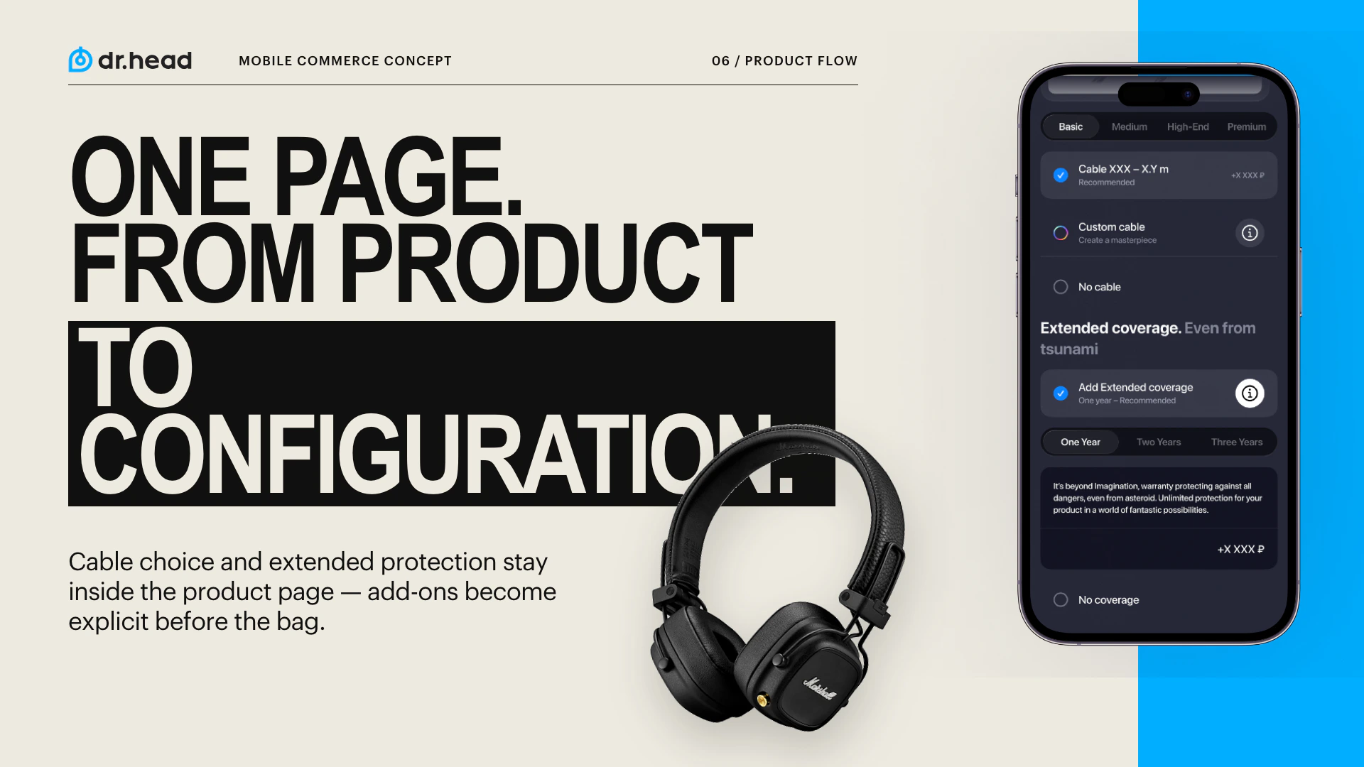 Dr.Head product configuration with cable choice, extended protection, and purchase controls