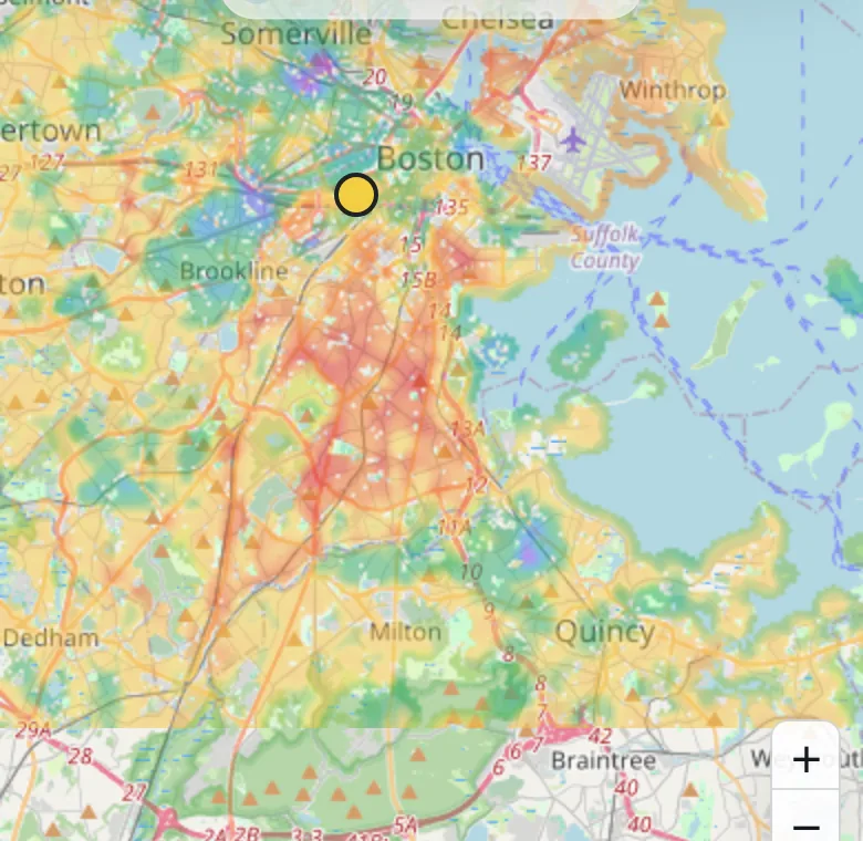 Housing suitability map loaded on a narrow mobile viewport with the risk surface still usable