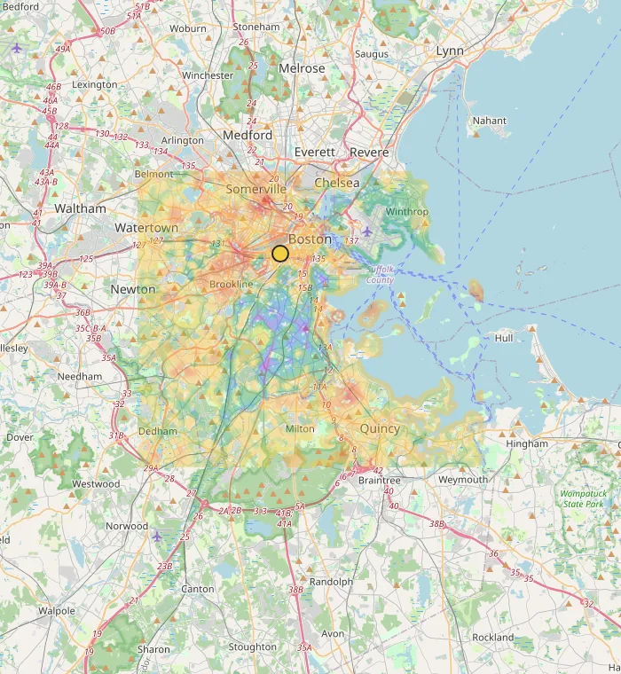 Housing suitability map in risk-layer mode with traffic, noise, land, and access signals visible