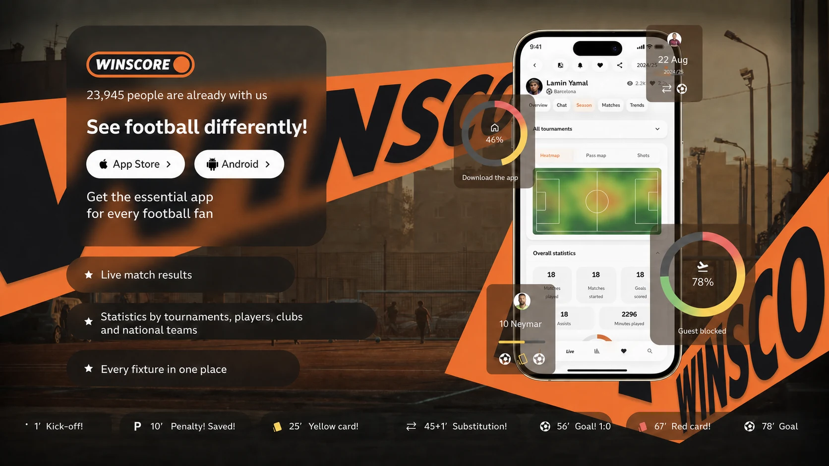 WINSCORE public landing showing the native football application, player statistics, match events, and download actions